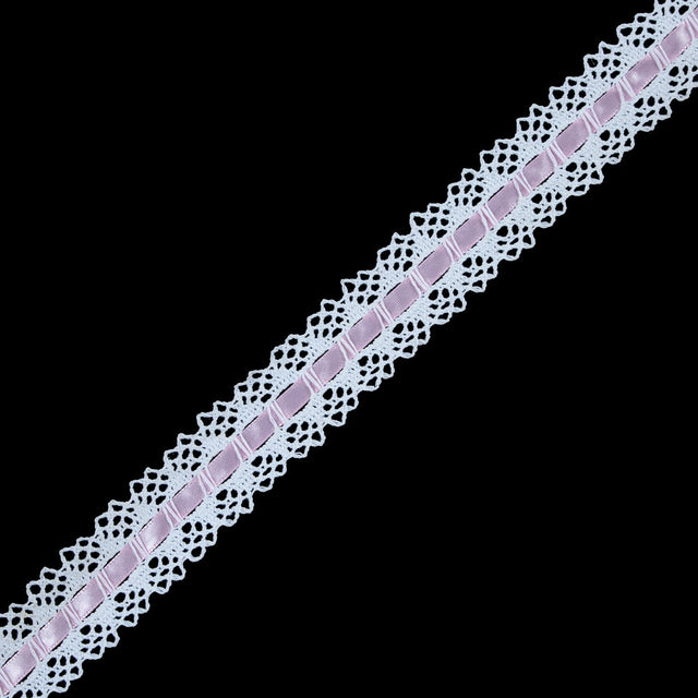 White Crochet Trim with Pink Ribbon - 1.25"