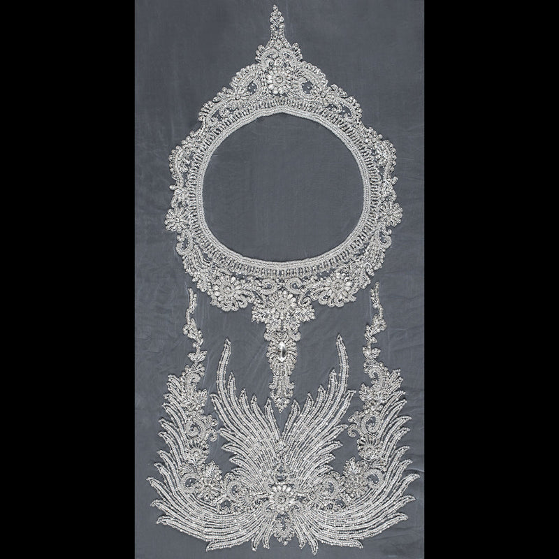 Fancy Silver Beaded Rhinestone Panel on a White Mesh - 37.5" x 19"