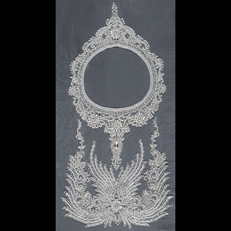 Fancy Silver Beaded Rhinestone Panel on a White Mesh - 37.5" x 19"