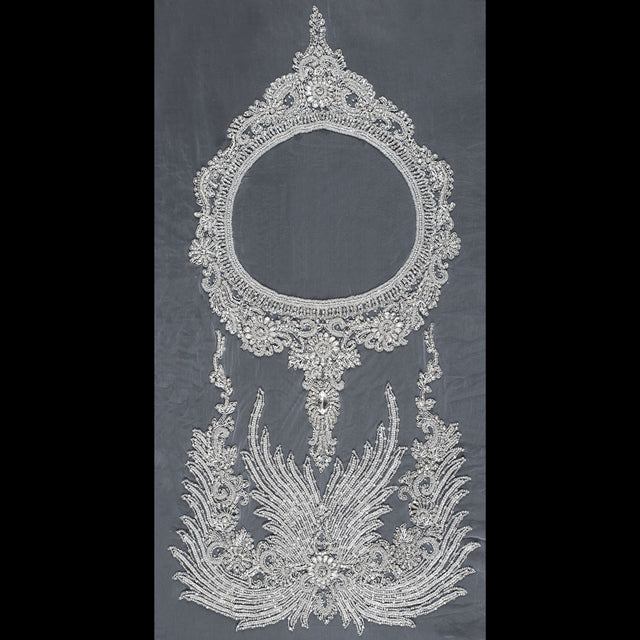 Fancy Silver Beaded Rhinestone Panel on a White Mesh - 37.5" x 19"