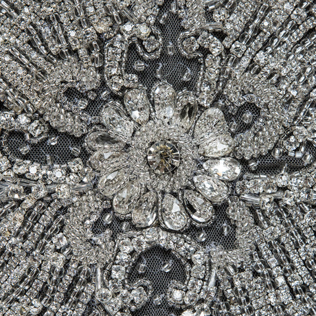 Fancy Silver Beaded Rhinestone Panel on a Nude Mesh - 37.5" x 19"