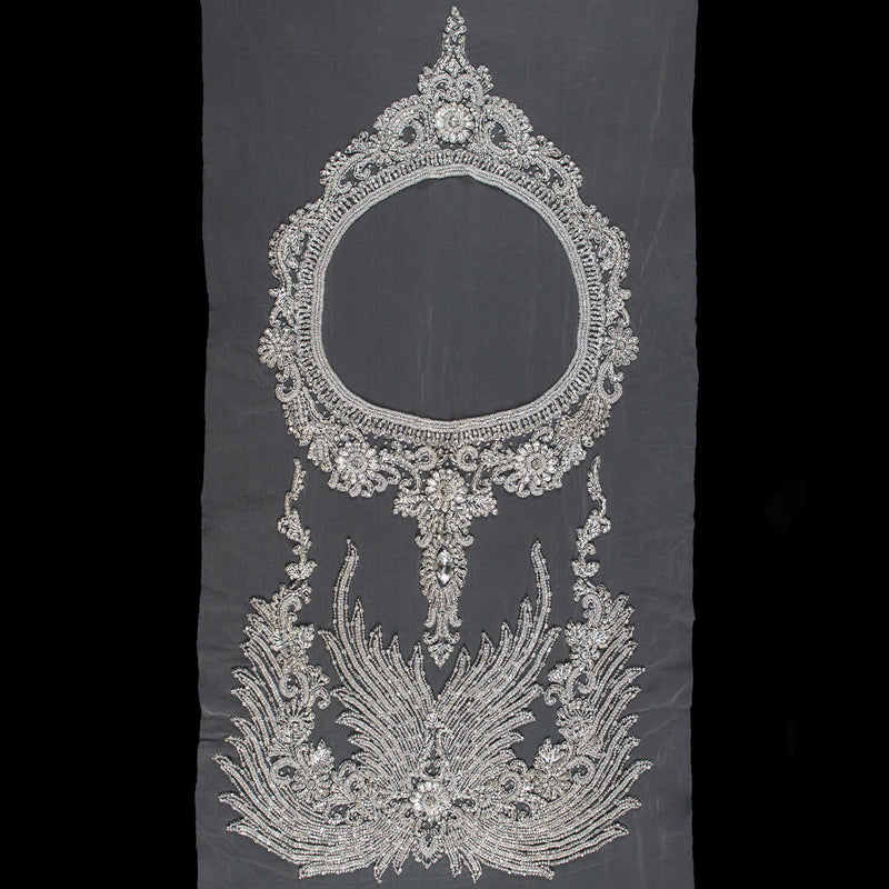 Fancy Silver Beaded Rhinestone Panel on a Nude Mesh - 37.5" x 19"