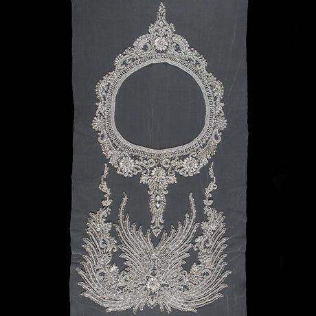 Fancy Silver Beaded Rhinestone Panel on a Nude Mesh - 37.5" x 19"