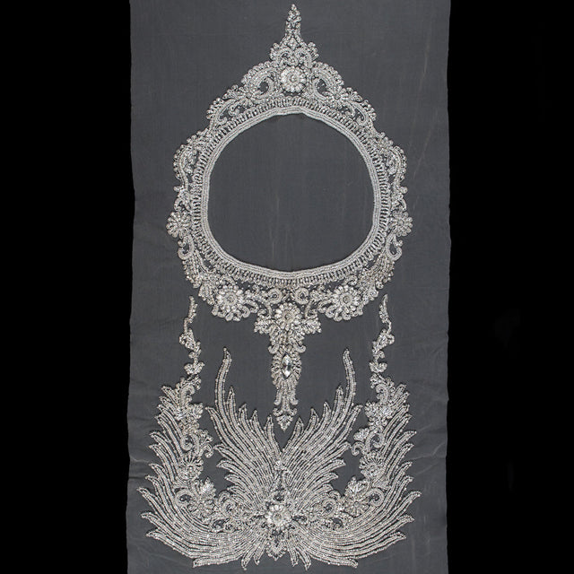 Fancy Silver Beaded Rhinestone Panel on a Nude Mesh - 37.5" x 19"