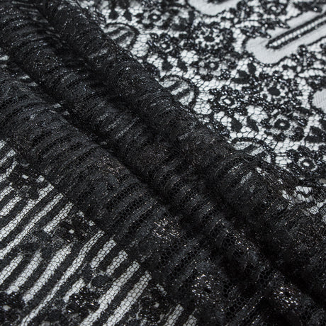 Metallic Lace with Eyelash Fringe Edges - Black Striped Floral - Made in France