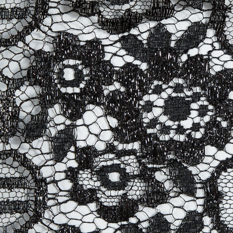Metallic Lace with Eyelash Fringe Edges - Black Striped Floral - Made in France