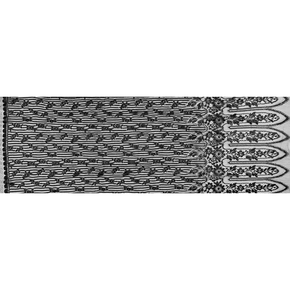 Metallic Lace with Eyelash Fringe Edges - Black Striped Floral - Made in France