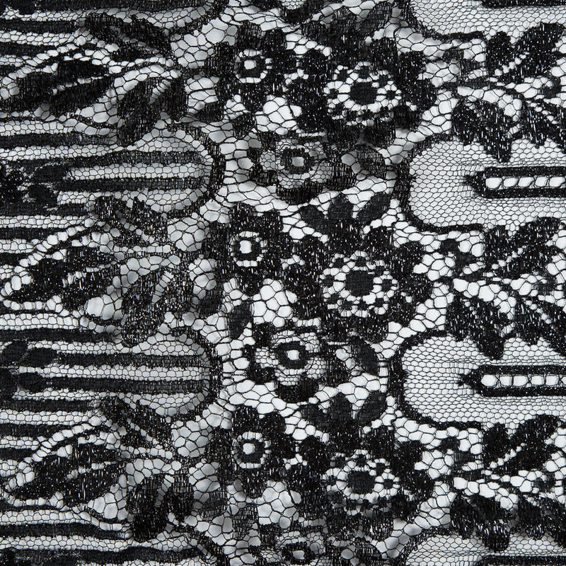 Metallic Lace with Eyelash Fringe Edges - Black Striped Floral - Made in France