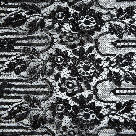 Metallic Lace with Eyelash Fringe Edges - Black Striped Floral - Made in France