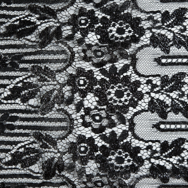 Metallic Lace with Eyelash Fringe Edges - Black Striped Floral - Made in France