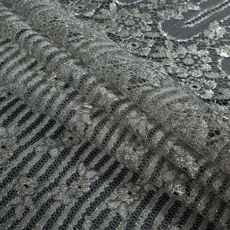 Metallic Lace with Eyelash Fringe Edges - Aqua Gray and Silver Striped Floral - Made in France