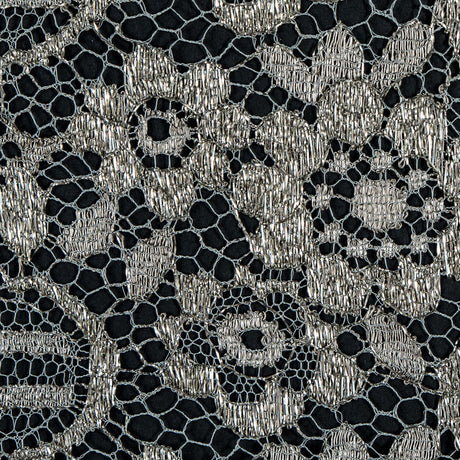 Metallic Lace with Eyelash Fringe Edges - Aqua Gray and Silver Striped Floral - Made in France