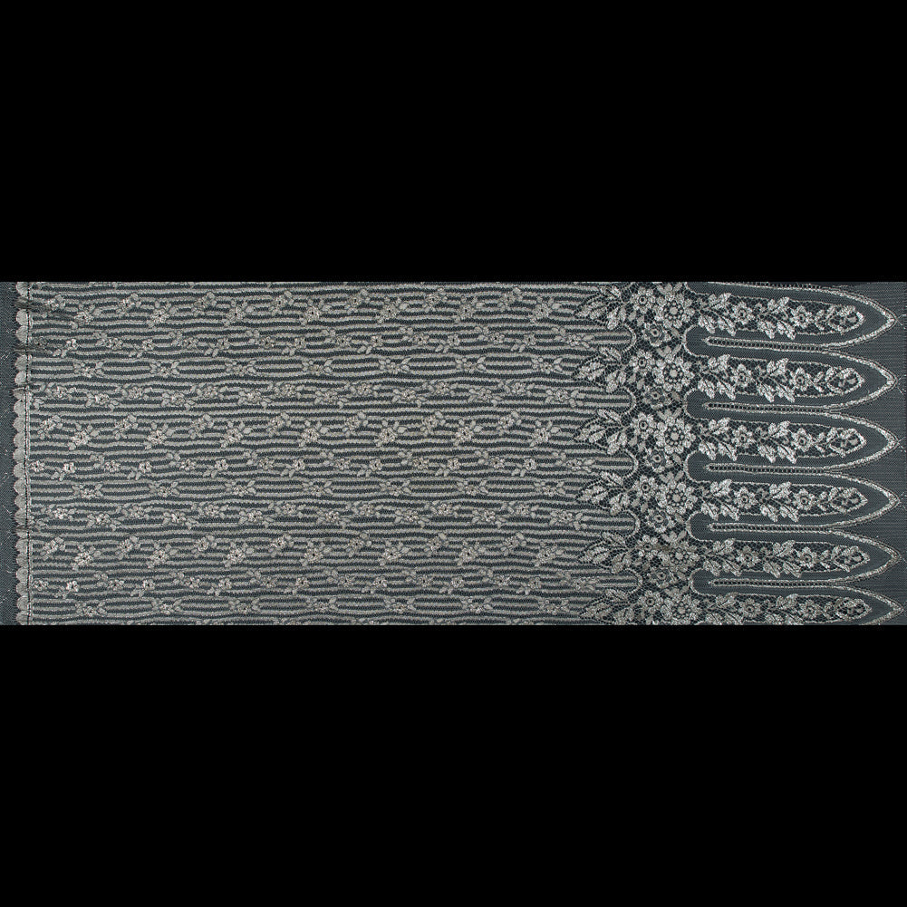 Metallic Lace with Eyelash Fringe Edges - Aqua Gray and Silver Striped Floral - Made in France