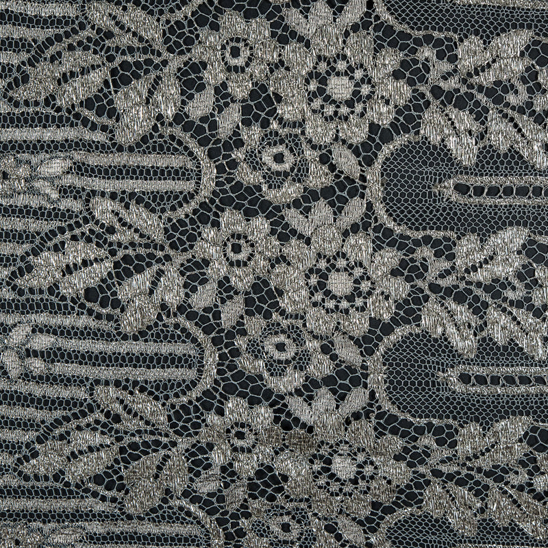 Metallic Lace with Eyelash Fringe Edges - Aqua Gray and Silver Striped Floral - Made in France