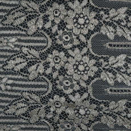 Metallic Lace with Eyelash Fringe Edges - Aqua Gray and Silver Striped Floral - Made in France