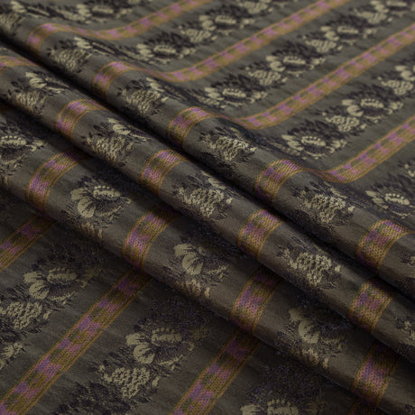 Olive Green Polyester Blend with Woven Floral Stripes