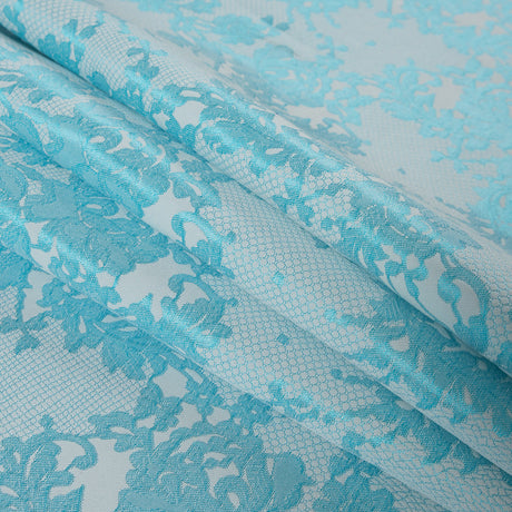 Metallic Bluebird and White Lacey Floral Brocade