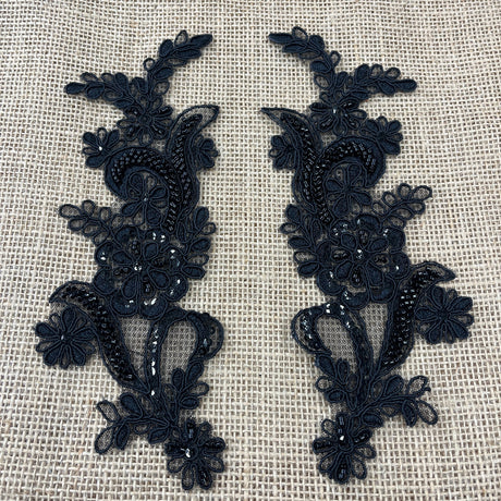 1 Pair Beaded & Corded Floral Lace Applique 9" x 2.5" Each Side
