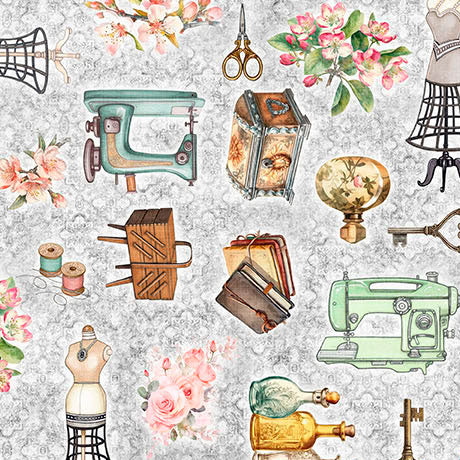 Cotton Sewing Antiquities Print Fabric Gray 44/45"