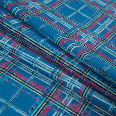 Blue and Pink Plaid Printed Stretch Cotton Sateen