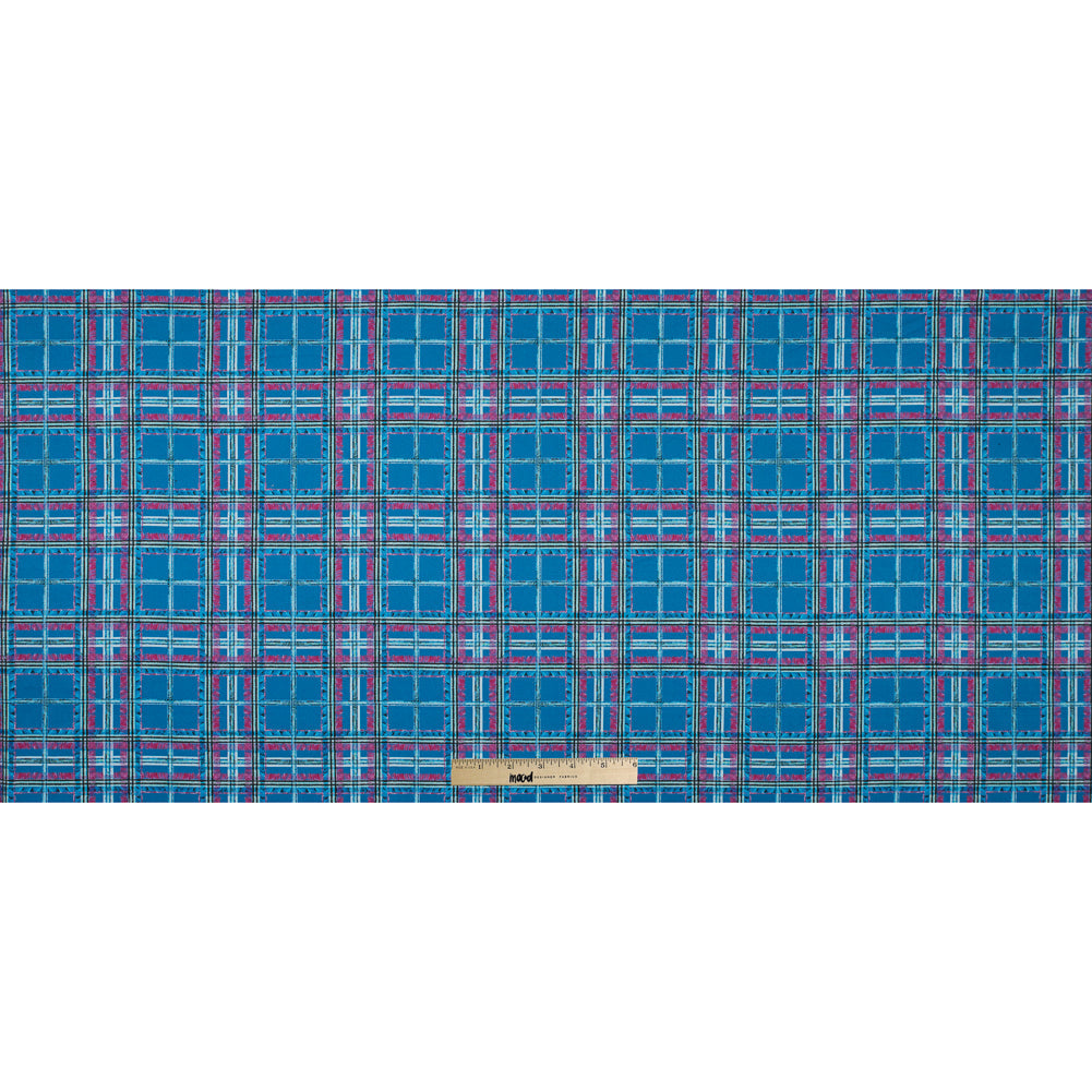 Blue and Pink Plaid Printed Stretch Cotton Sateen