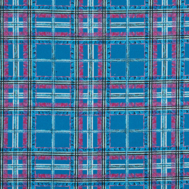 Blue and Pink Plaid Printed Stretch Cotton Sateen