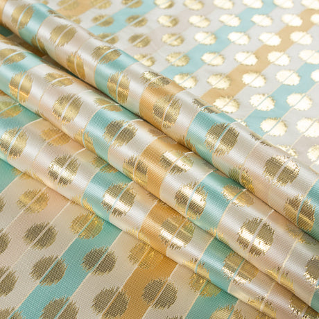 Aqua Sky, Ochre and Metallic Gold Polka Dotted and Striped Brocade
