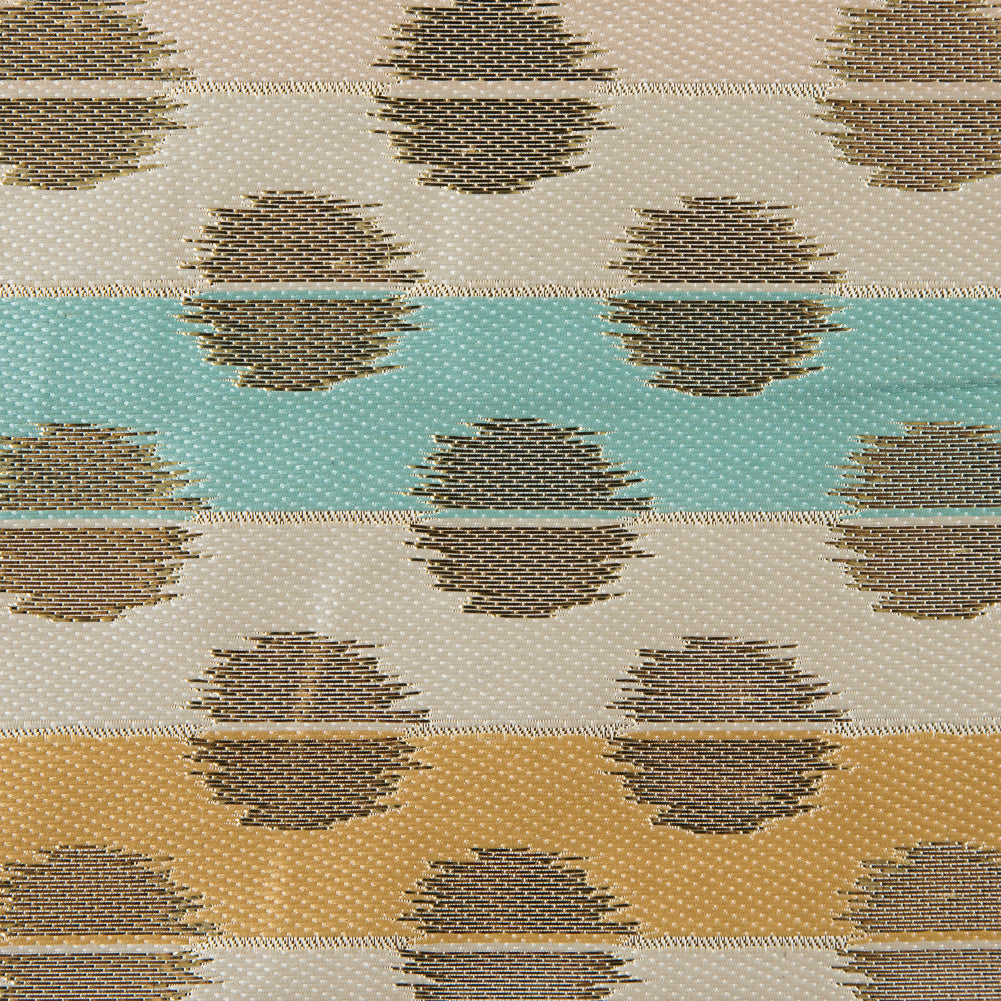 Aqua Sky, Ochre and Metallic Gold Polka Dotted and Striped Brocade