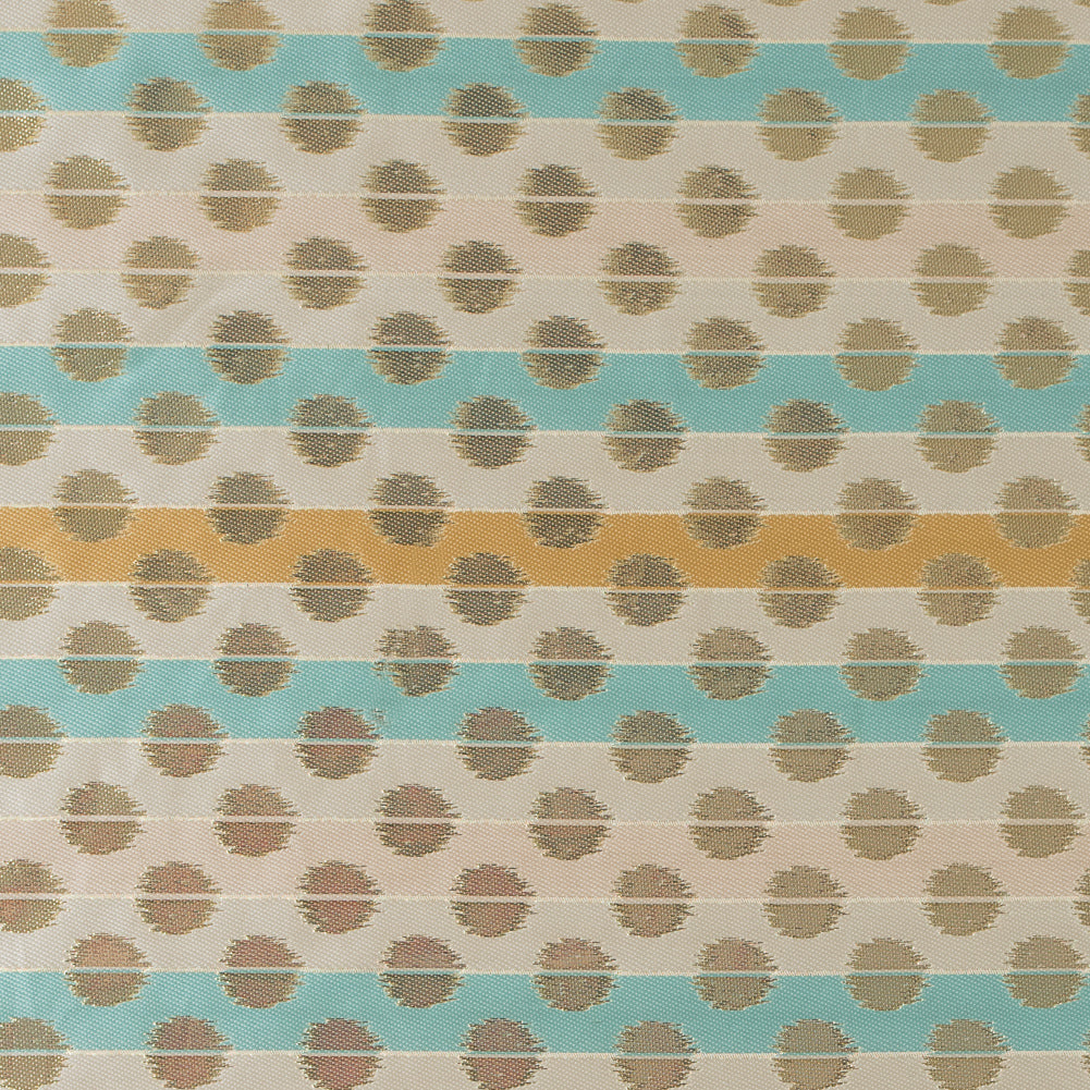 Aqua Sky, Ochre and Metallic Gold Polka Dotted and Striped Brocade