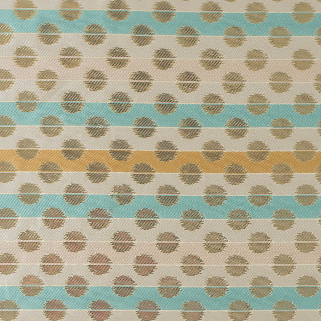 Aqua Sky, Ochre and Metallic Gold Polka Dotted and Striped Brocade