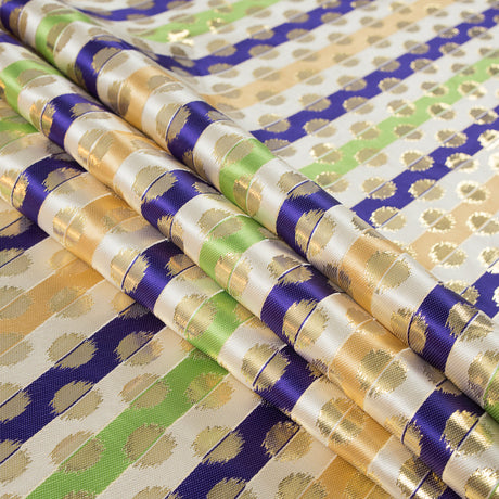 Deep Blue, Jasmine Green and Metallic Gold Polka Dotted and Striped Brocade