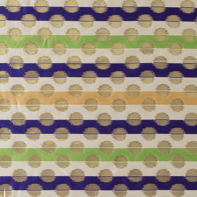 Deep Blue, Jasmine Green and Metallic Gold Polka Dotted and Striped Brocade