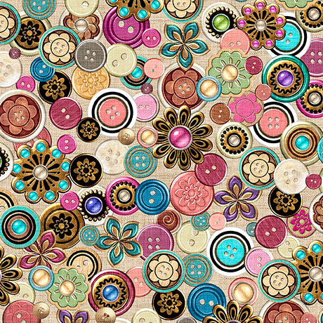 Cotton Print Multi Antique Buttons Fabric 44/45"