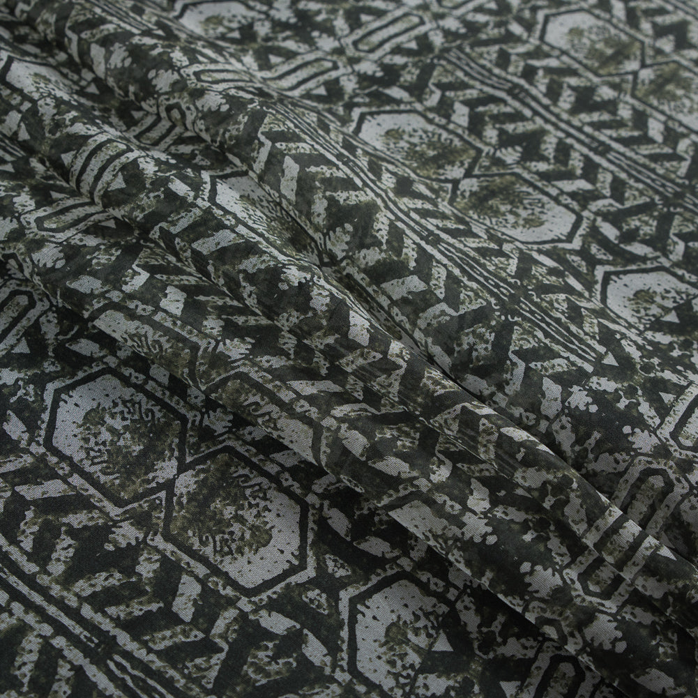 Rifle Green Tribal Printed Silk Chiffon