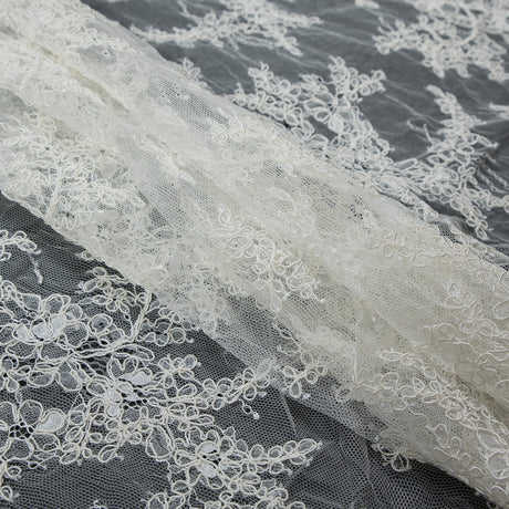 Corded Lace Panel With Finished Edges - Ivory Floral Fancy Border - 3 yards