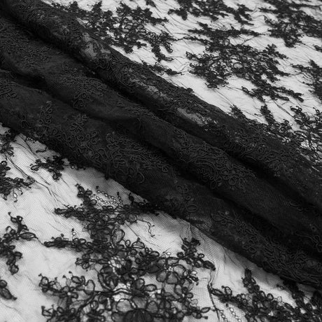 Corded Lace Panel With Finished Edges - Black Floral Fancy Border - 3 yards