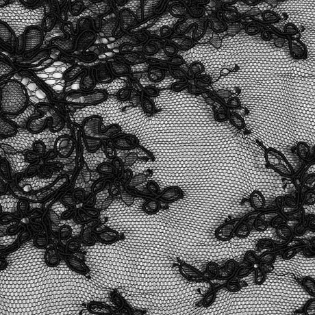 Corded Lace Panel With Finished Edges - Black Floral Fancy Border - 3 yards