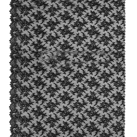 Corded Lace Panel With Finished Edges - Black Floral Fancy Border - 3 yards