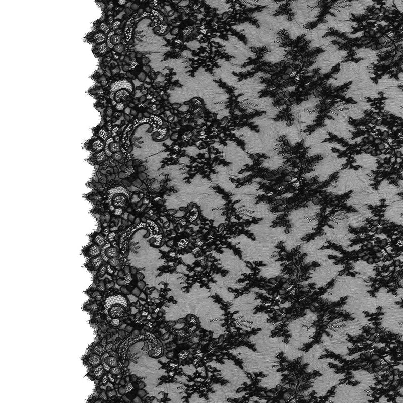 Corded Lace Panel With Finished Edges - Black Floral Fancy Border - 3 yards