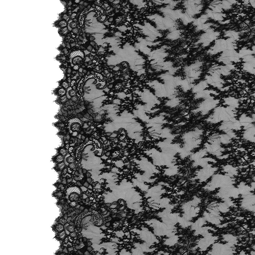 Corded Lace Panel With Finished Edges - Black Floral Fancy Border - 3 yards