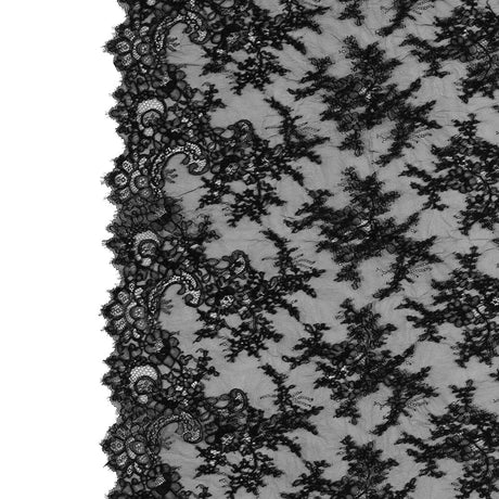 Corded Lace Panel With Finished Edges - Black Floral Fancy Border - 3 yards