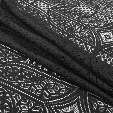Lace with Finished Eyelash Edges - Black Geometric