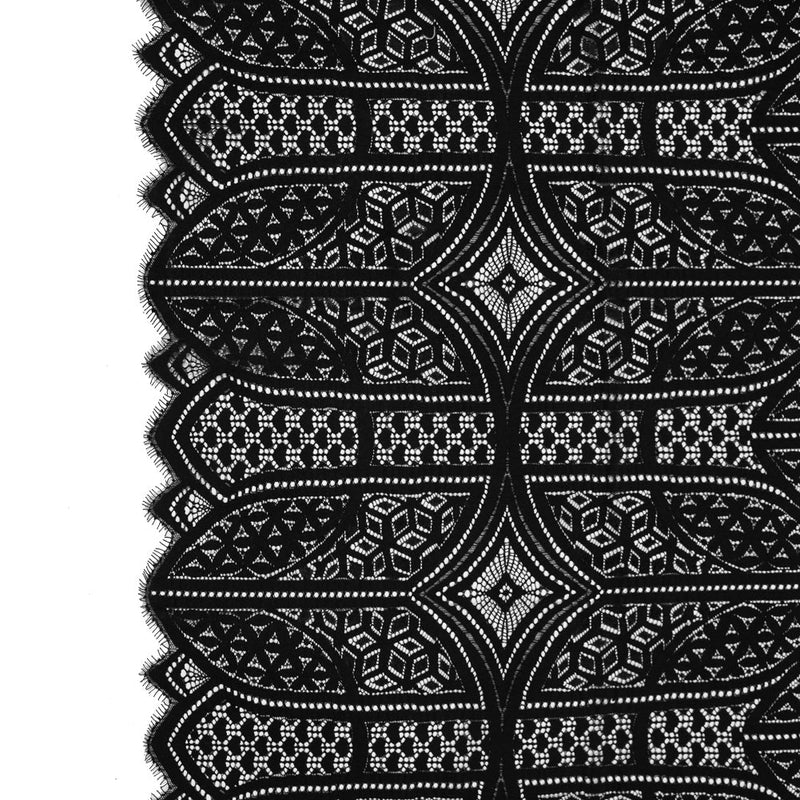 Lace with Finished Eyelash Edges - Black Geometric