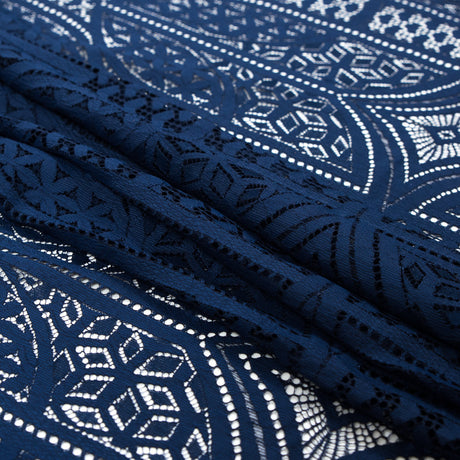 Lace with Finished Eyelash Edges - Navy Geometric