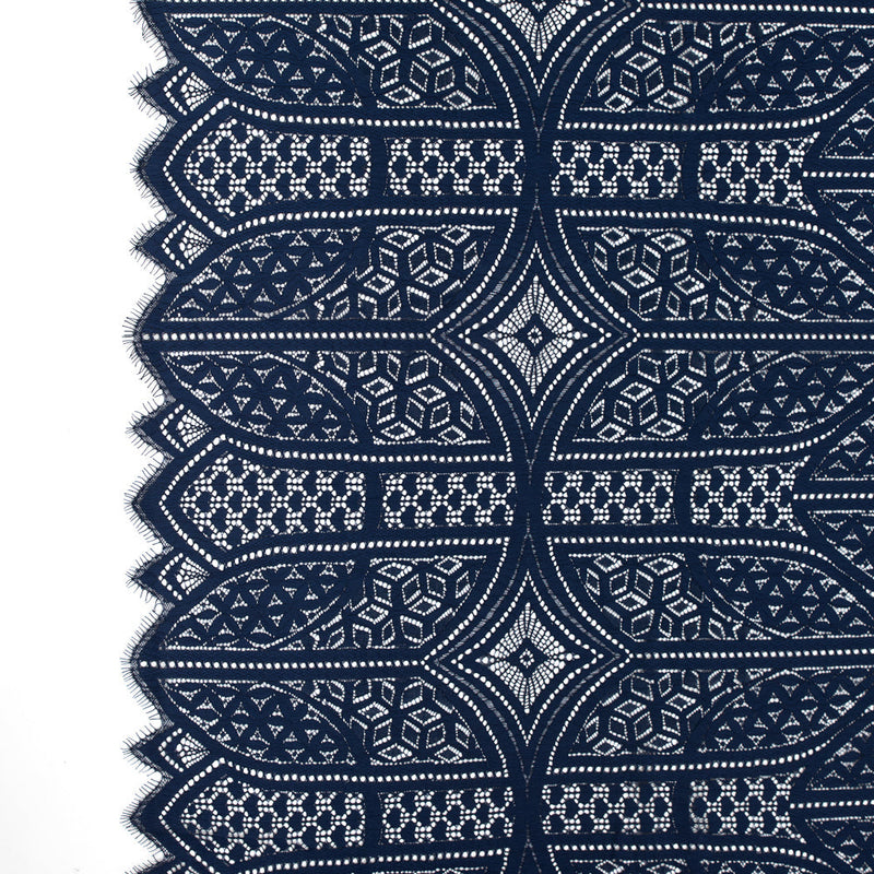 Lace with Finished Eyelash Edges - Navy Geometric