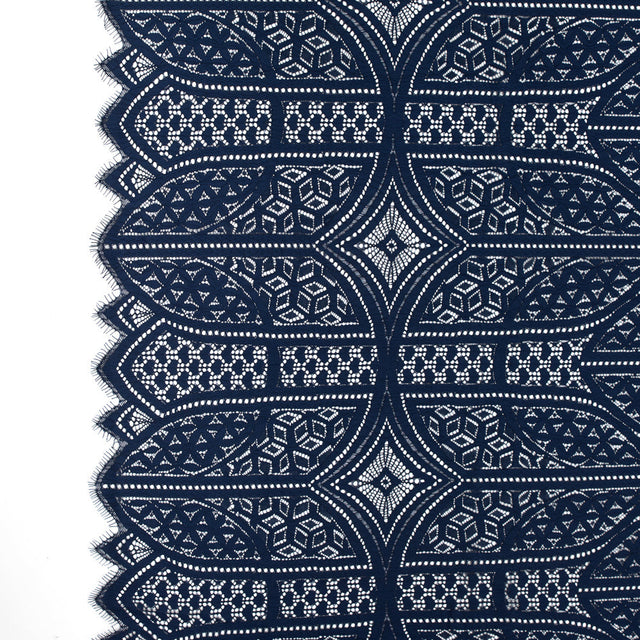 Lace with Finished Eyelash Edges - Navy Geometric