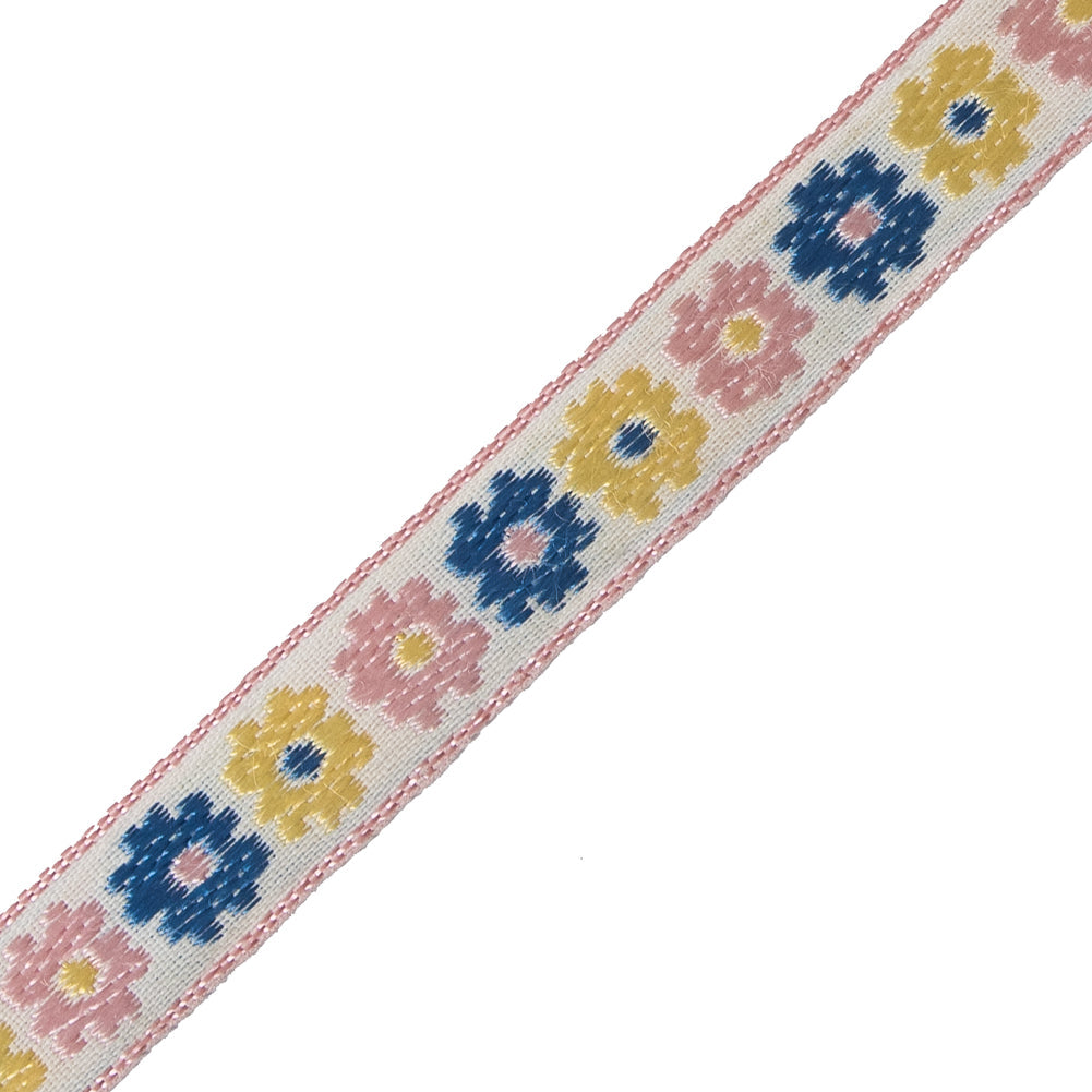 Pink, Yellow and Blue Floral Embroidered Ribbon - 0.5"