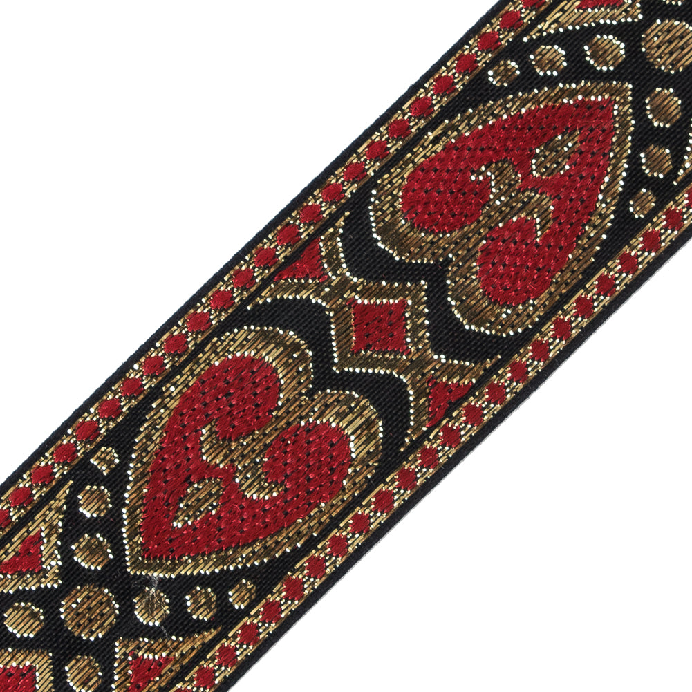 Metallic Gold and Red Hearts Jacquard Ribbon - 1.5"