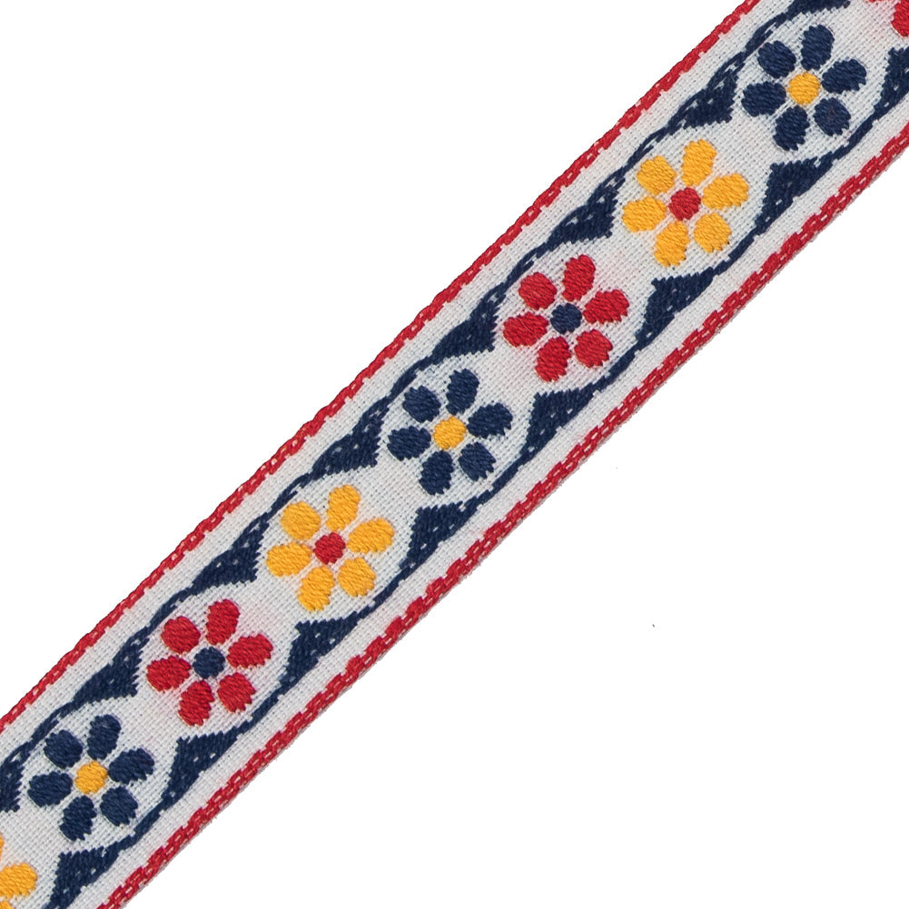 German Blue and Red Floral Jacquard Ribbon - 0.75"