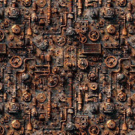 Cotton Rust Steam & Steel Train Mechanical Gears Fabric 44/45